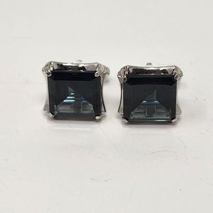 Sterling Silver Green Square Crystal Cufflinks Vintage Mens Accessory Jewelry